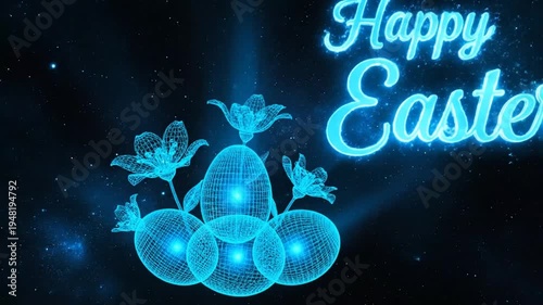 Digital Easter greeting with glowing eggs and flowers