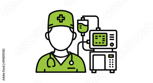 Medical doctor icon with hospital equipment, green surgeon avatar with stethoscope, intensive care unit monitor and IV drip vector