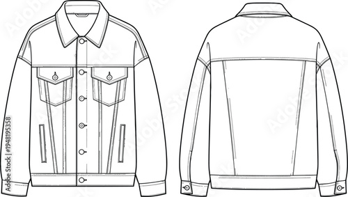 Denim jacket technical fashion illustration flat sketch, button front closure, chest flap pockets, seam details, tailored fit, garment construction vector