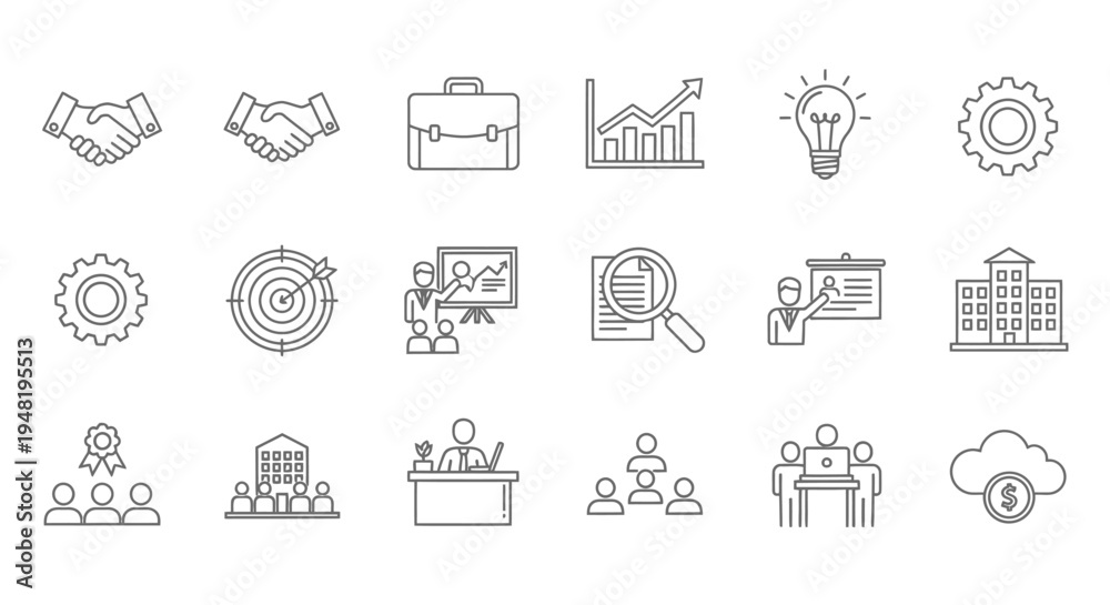 Fototapeta premium Collection of business and finance line icons representing collaboration, success, analytics, and corporate activities.