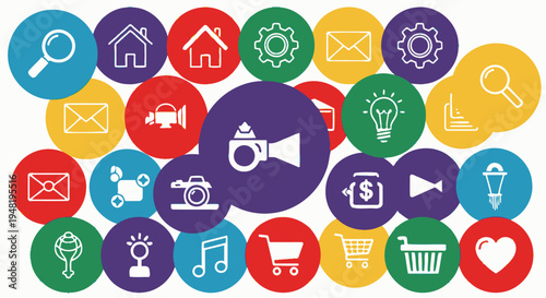 A vibrant collection of diverse digital application icons displayed within colorful circles, representing various functions and services.