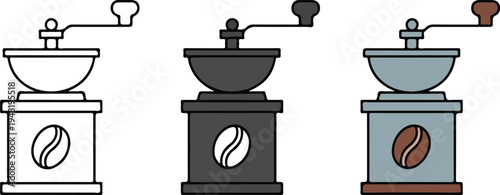 Minimalist manual coffee grinder icon set with bean symbol in line art, gray and blue variations