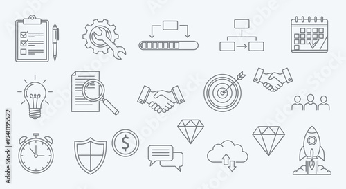 A comprehensive collection of business, project management, and technology line icons representing various concepts and strategies.