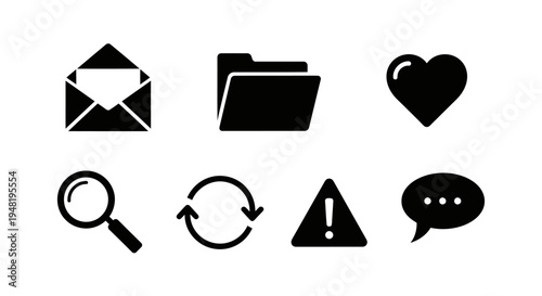 A collection of essential black silhouette user interface icons including mail, folder, heart, search, refresh, warning, and chat symbols on a white background.