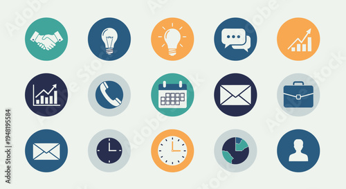 Collection of flat design business and communication icons in colorful circles on a light background.