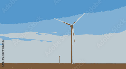 Two wind turbines standing tall in a vast, open landscape under a clear sky with scattered clouds, symbolizing renewable energy.