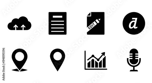 Collection of eight black glyph icons representing cloud upload, documents, editing, location, data analytics, and voice recording.