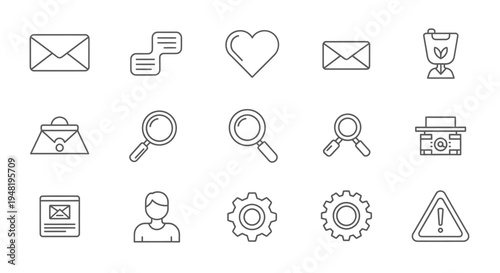 Collection of various line icons for web and app interfaces, including communication, search, settings, and warning symbols.