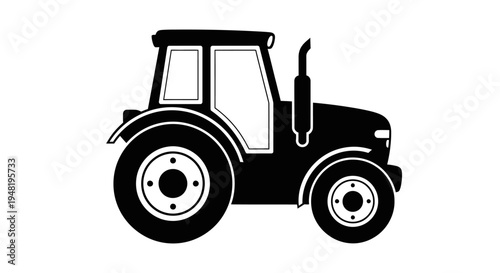 Black silhouette of a farm tractor with large rear wheels and a cab, isolated on a white background, representing agriculture and heavy machinery.