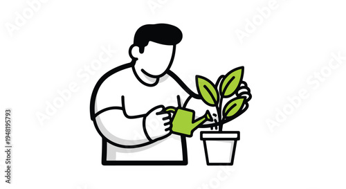 Minimalist Black and White Illustration of Person Watering Green Plant in Pot