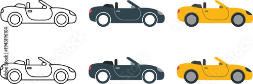 Minimalist convertible sports car icon set with line art, gray and yellow variations in sleek side profile