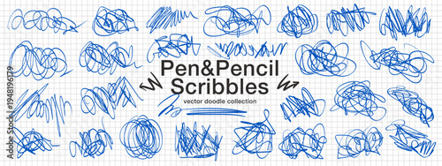 Set of blue pen and pencil scratches, scribble doodle lines and texture messy strokes. Vector dynamic sketches of pencil and pen on paper sheet