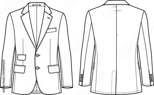 Men’s blazer technical fashion sketch, front and back views with notched lapel, pockets, and vents, vector garment illustration – flavector