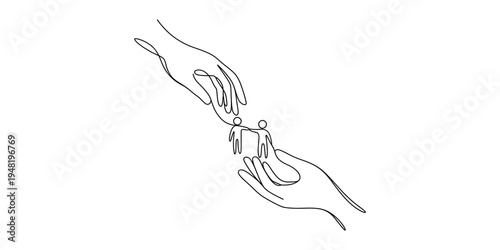A minimalist single line drawing of two large hands gently protecting two tiny human figures Vector, illustration