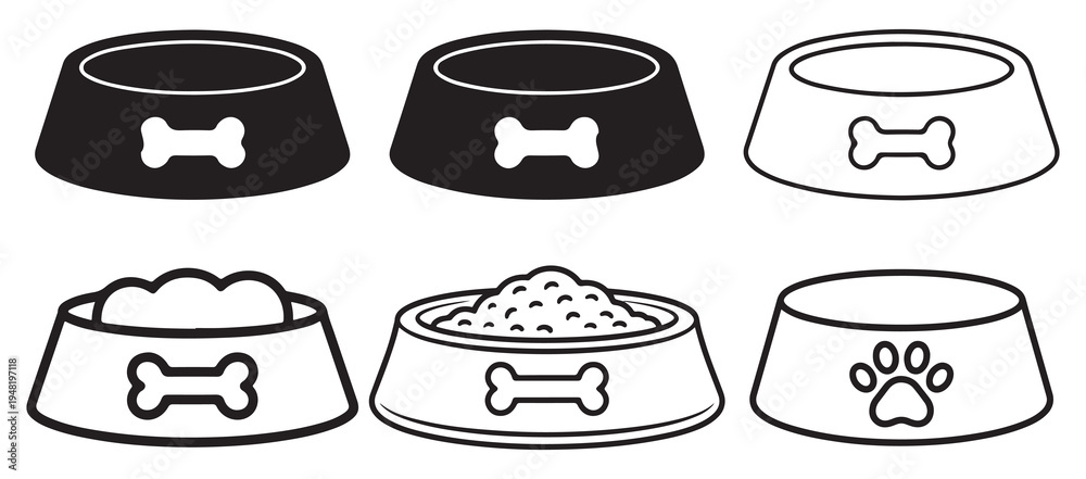 Εκτύπωση καμβά Black pet food bowl with bone and outline kibble bowl icons
