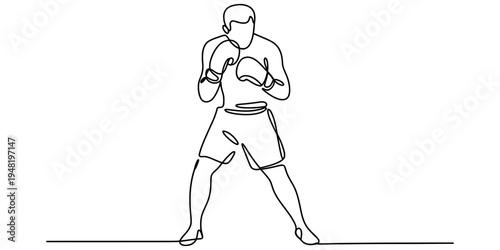 Continuous single line drawing of a professional boxer in a ready stance with gloved hands up