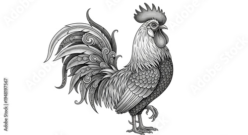 Ornate Rooster Illustration - Detailed Black and White Drawing, Farm Animal Art