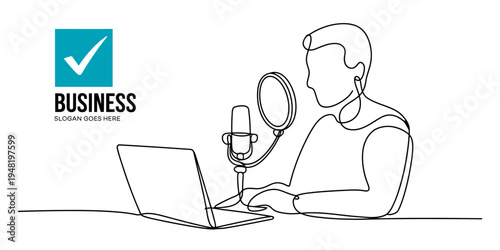 Continuous line drawing of a male podcaster recording audio content on a laptop in a studio setup