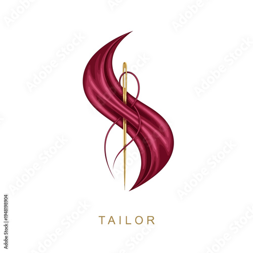 Elegant Tailor Logo with Red Fabric and Golden Needle.