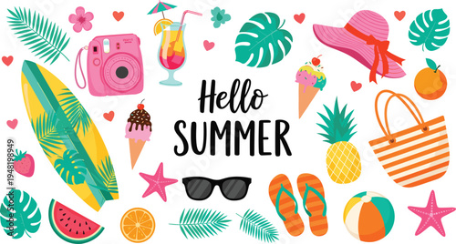 Cad drawing flat vector illustration of Hello Summer banner featuring surfboard, pink camera, tropical fruits, cocktails, beach hat, and flip flops.