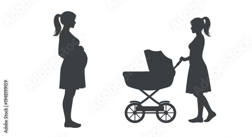 Illustrative silhouette graphic representing the beautiful journey of motherhood, featuring a pregnant woman and a new mother pushing a baby stroller, symbolizing family and care