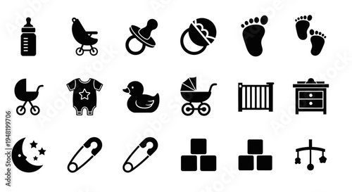 Set of baby care icons including bottle, pacifier, baby clothes, crib, duck, footprints, mobile, building blocks, and moon for nursery or infant products