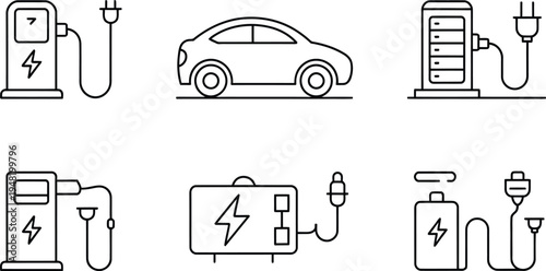 Electric car and charging station line icons set for clean transport and sustainable mobility

