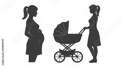 Silhouette of a pregnant woman and a woman pushing a stroller, representing motherhood and new life
