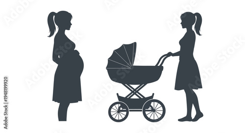 Vector silhouettes illustrating the journey of motherhood, depicting a pregnant woman and a mother pushing a baby stroller, symbolizing new life, family, and maternal care