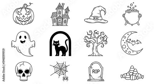 Halloween Icons Set Pumpkin, Ghost, Witch Hat, Cauldron, Haunted House, Black Cat, Spooky Tree, Moon, Skull, Spiderweb, Tombstone, Candy Corn