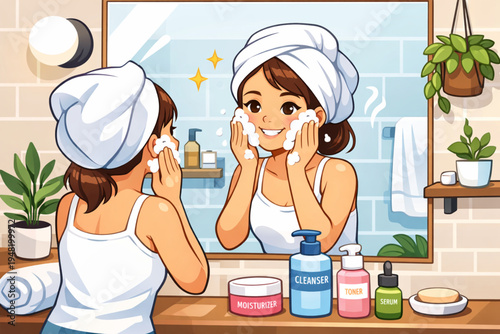 Young Woman Morning Skincare Routine in Bathroom Mirror – Daily Facial Cleansing Vector Illustration