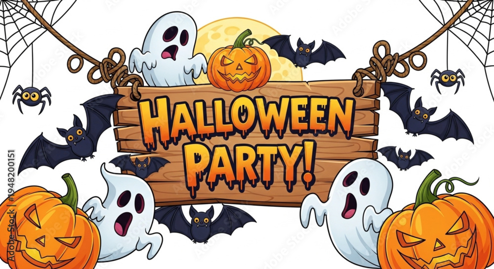 Obraz premium Halloween Party Banner with Wooden Sign – Cartoon Holiday Vector Illustration