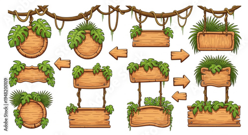 Jungle Wooden Signboards with Tropic Leaves and Lianas – Cartoon Game UI Vector Set