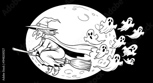 A classic Halloween scene featuring a mischievous witch soaring through the night sky on her broomstick, accompanied by a playful swarm of cartoon ghosts against a glowing full moon