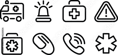 Emergency siren, medical kit, phone and magnet line icons set for alert, health and communication

