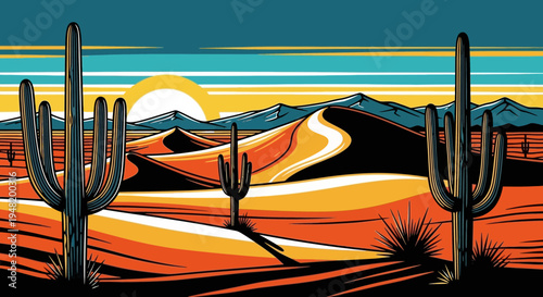Stylized Desert Landscape with Saguaro Cacti and Sun