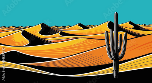 Stylized Desert Dunes with Saguaro Cactus and Clear Blue Sky