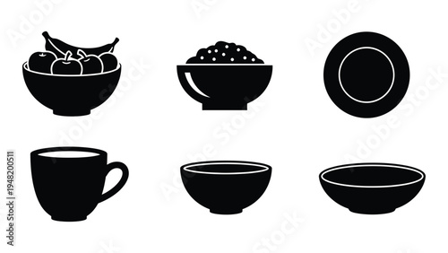 A collection of various kitchen tableware and food items in black silhouette on a white background