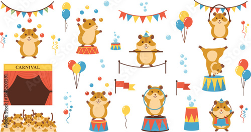 Cute hamster carnival circus cartoon vector set funny animal performers with balloons stage show illustration