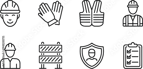 Safety gloves, vest, barrier and shield line icons set for construction site and worker protection

