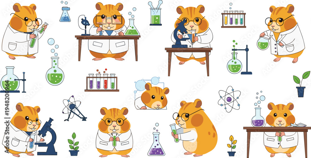 Obraz premium Cute hamster scientist cartoon vector set funny animal laboratory characters doing chemistry experiments science education illustration.eps