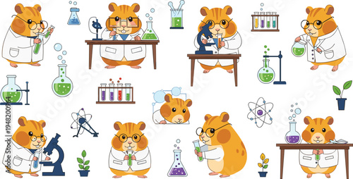 Cute hamster scientist cartoon vector set funny animal laboratory characters doing chemistry experiments science education illustration.eps