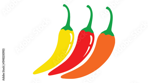 Vibrant illustration of three colorful chili peppers in yellow, red, and orange hues on white background