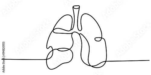 Minimalist single continuous line drawing of human lungs isolated on a plain white background
