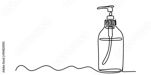 A single continuous line drawing of a liquid soap dispenser bottle on a simple wavy base surface