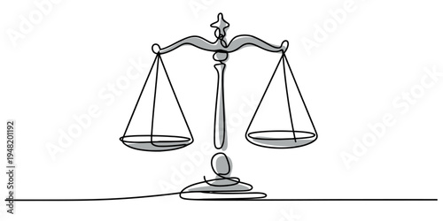 Minimalist continuous line drawing of a balanced scale of justice isolated on a white background