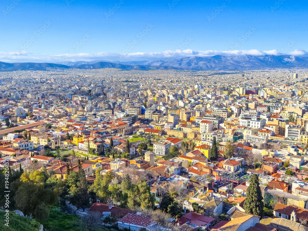 Fototapeta premium A cityscape view of the city of Athens, Greece as seen from the Acropolis rock.