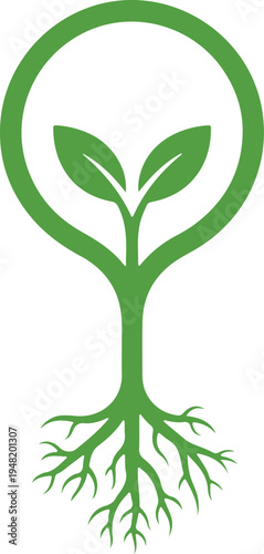 Green plant sapling icon with roots and leaves enclosed in a circular frame representing environmental growth and sustainable ecology concept