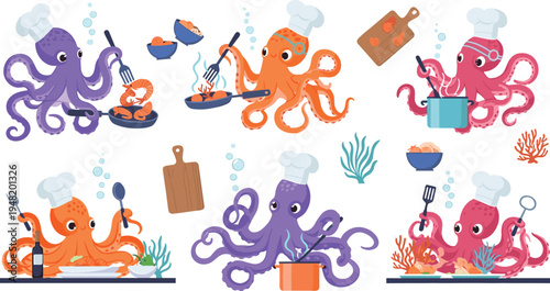 Cute octopus chef cartoon vector set funny sea animal cooking seafood kitchen culinary illustration collection