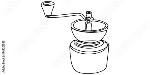 Minimalist continuous line drawing of a classic manual coffee grinder for brewing fresh beans